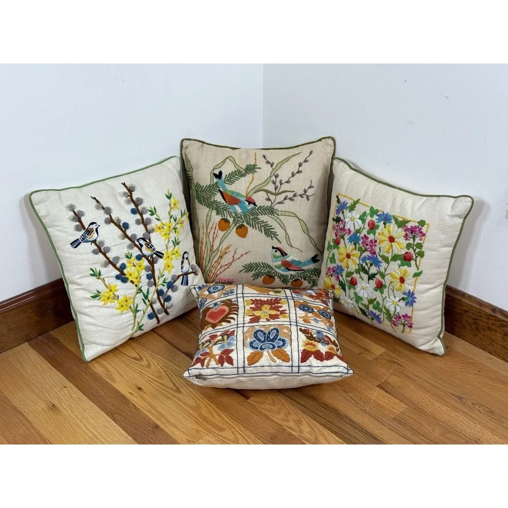 Set of 4 Vintage Crewel Embroidered Throw Pillows Birds Florals Cottagecore
